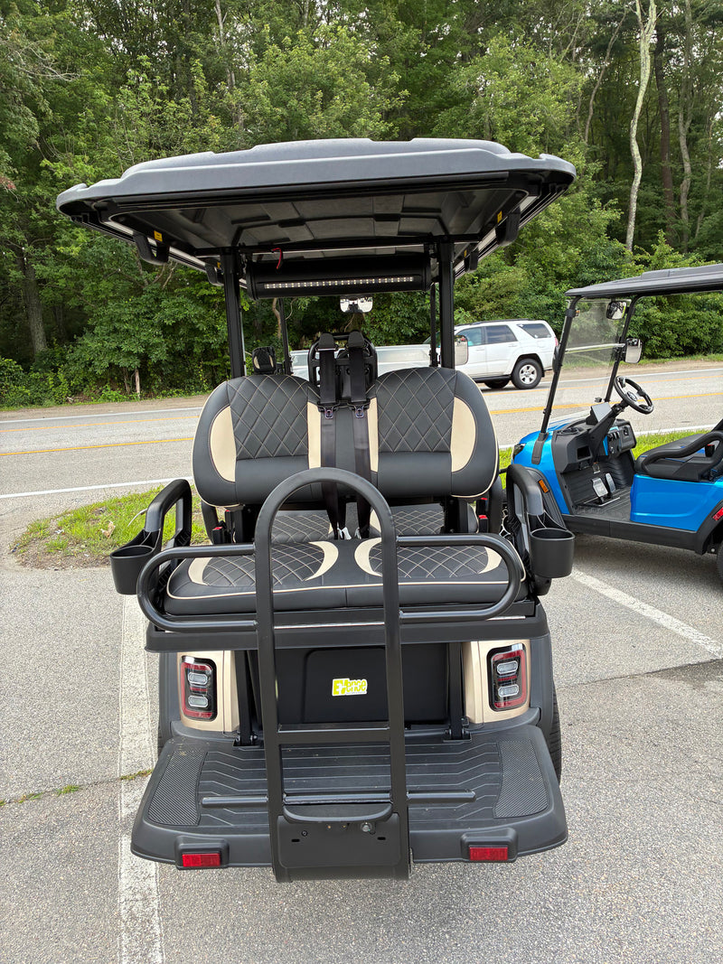 Load image into Gallery viewer, A rear view of a black and beige luxury golf cart with a hardtop canopy, parked on an asphalt lot next to another blue and black golf cart. Trees and a road are visible in the background.

